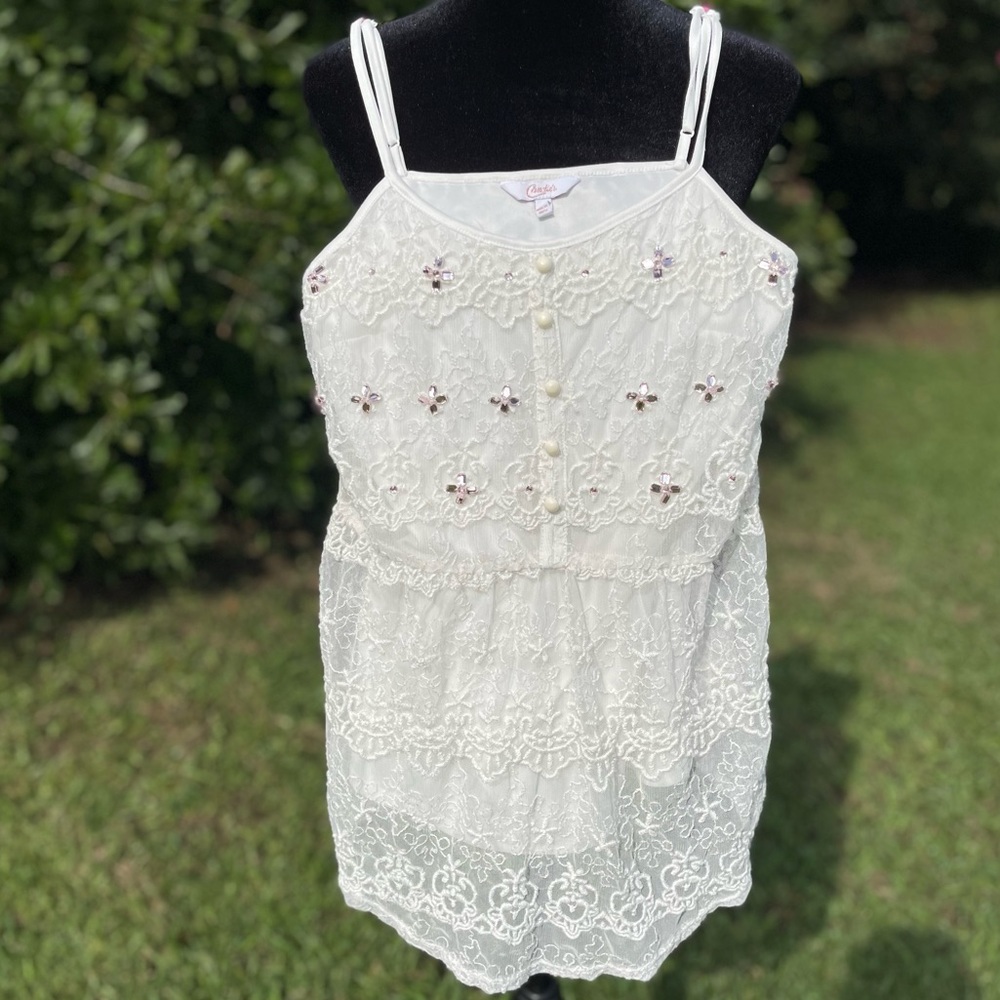 Y2K Lace Spaghetti Strap Top with Rhinestone Petals